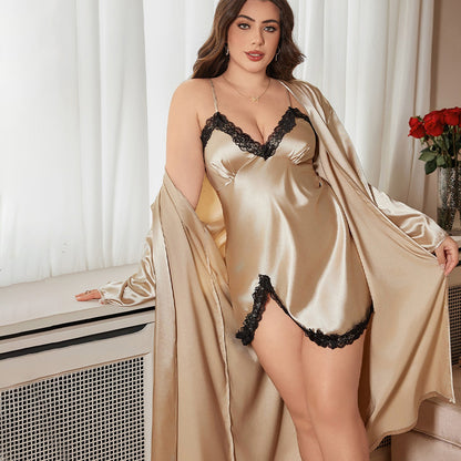 DNL spring ice silk silk pajamas plus size artificial silk camisole outerwear gown