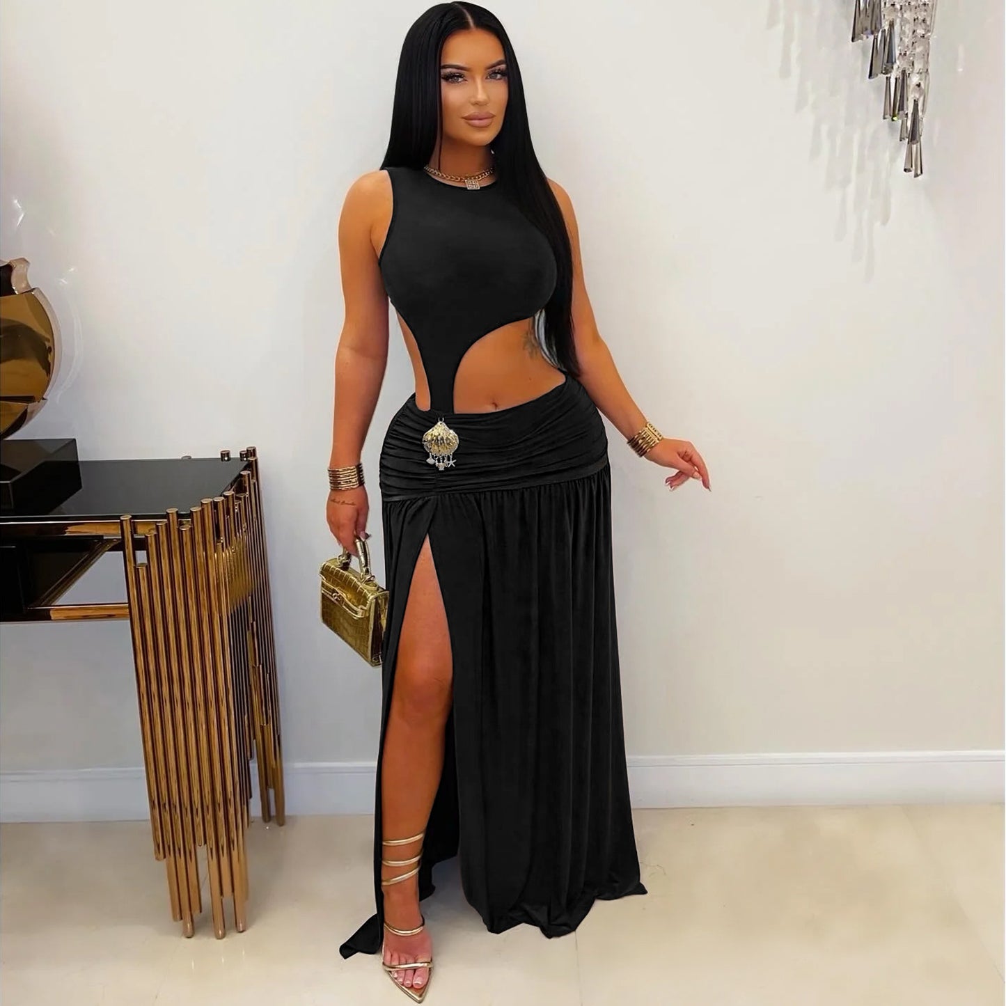 XYZ C7597 sleeveless midriff-baring slit dress