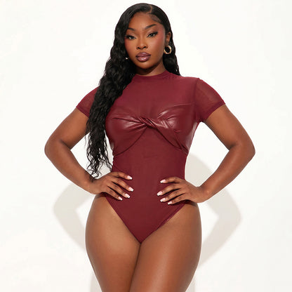 DZHT J26BS176 short sleeve twisted mesh Stitching small round neck jumpsuit