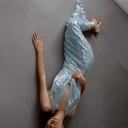 SXR winter sequined swing collar backless halter self-tie slit dress