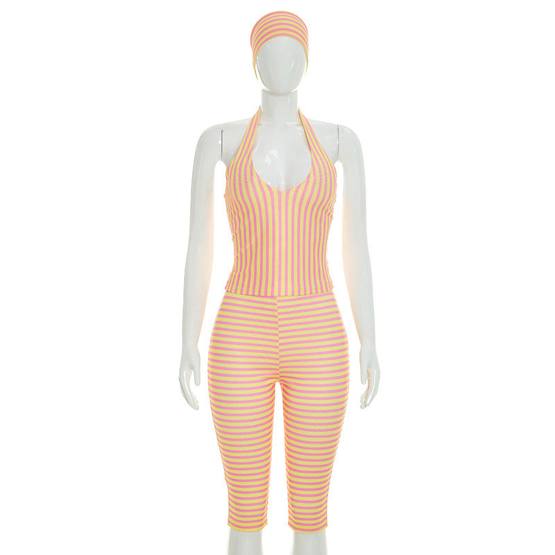 DZHT C26ST206 cool vintage stripe halter top slim shorts Fashion suit
