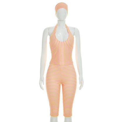 DZHT C26ST206 cool vintage stripe halter top slim shorts Fashion suit