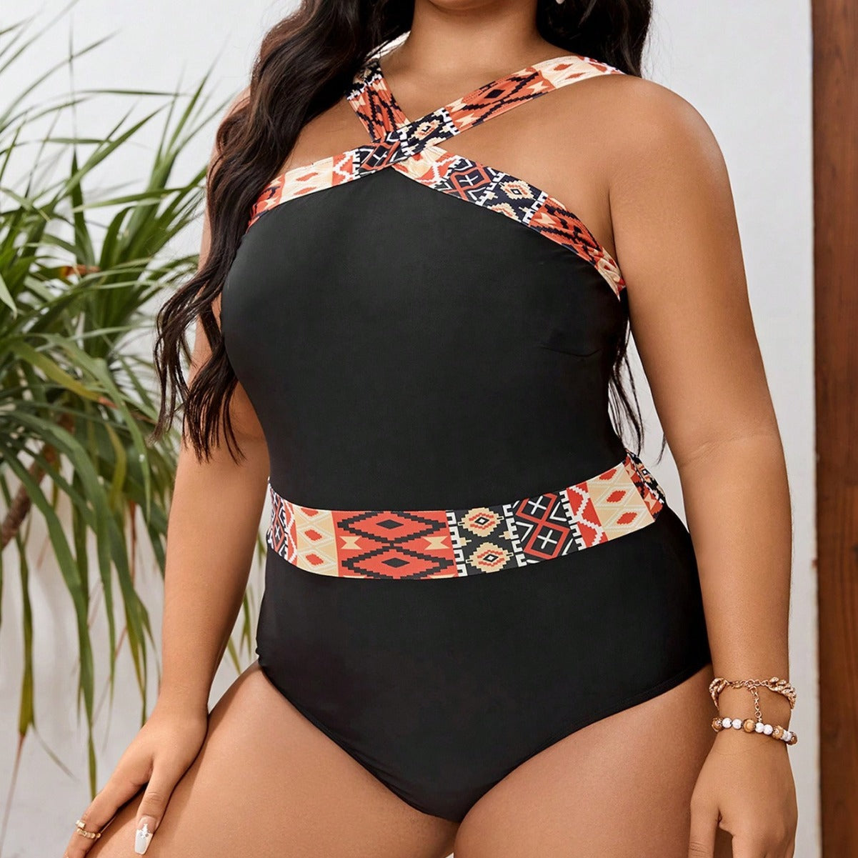 LF (L-4XL) bikini sexy suit one-piece color printing plus size swimsuit