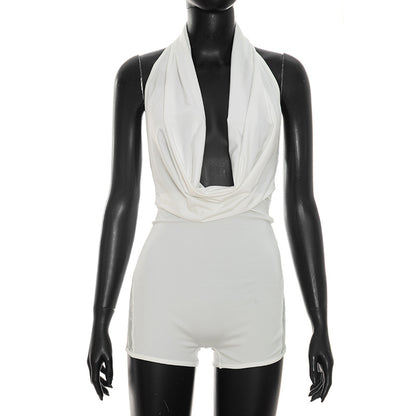 DZHT J26RP157 deep V vertical collar stitching lace one-piece shorts