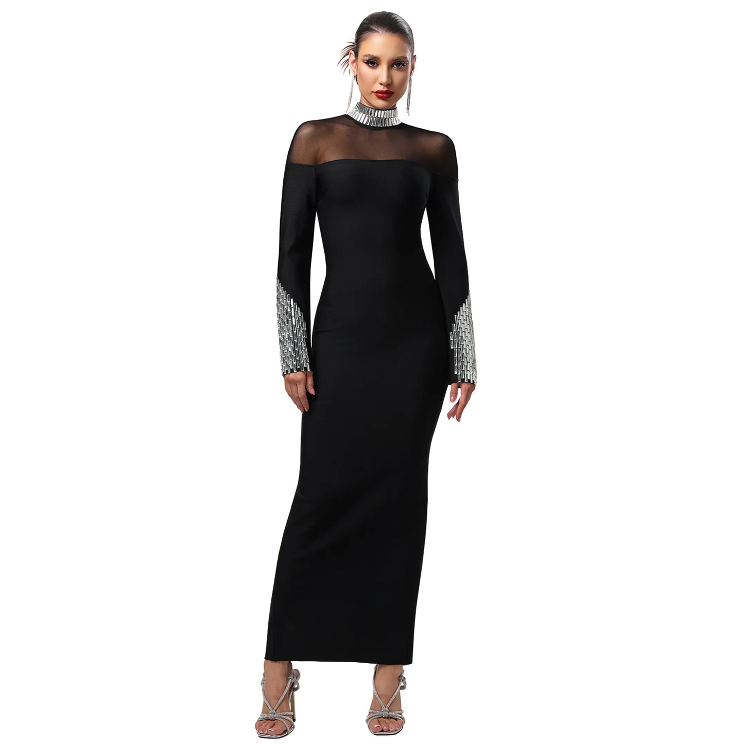 XYZ C7592 turtleneck long sleeve slim fit rhinestone dress
