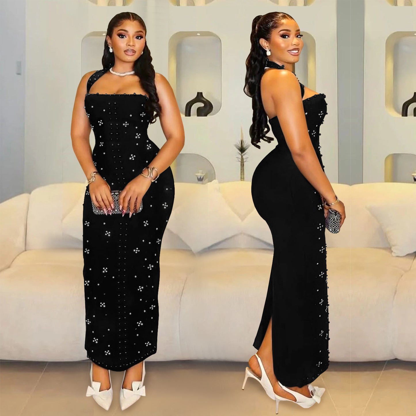 XYZ C7480 halter rhinestone bubble beads slim-fit sheath dress