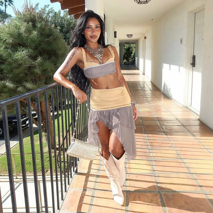 DLS summer stripes sling backless stitching irregular skirt suit