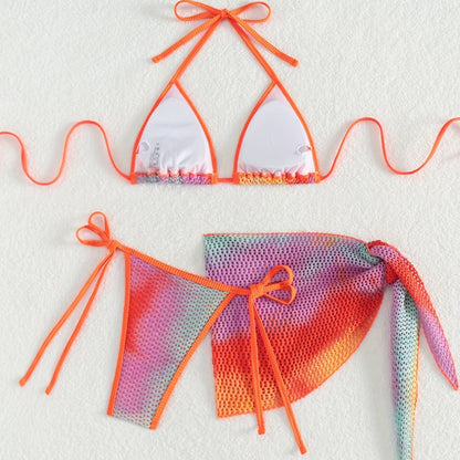 Swimsuit contrast color three-piece backless lace-up bikini LG464