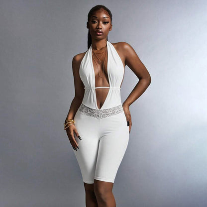 DZHT J26JP216 halter backless lace-up deep V-neck waist stitching lace five-point jumpsuit