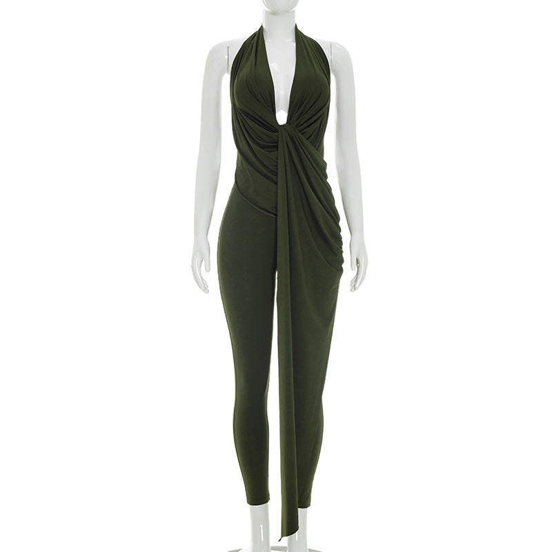 DZHT Q26JP051 backless sleeveless deep V-neck solid color slim-fit halter one-piece trousers