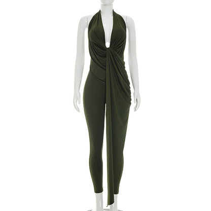 DZHT Q26JP051 backless sleeveless deep V-neck solid color slim-fit halter one-piece trousers