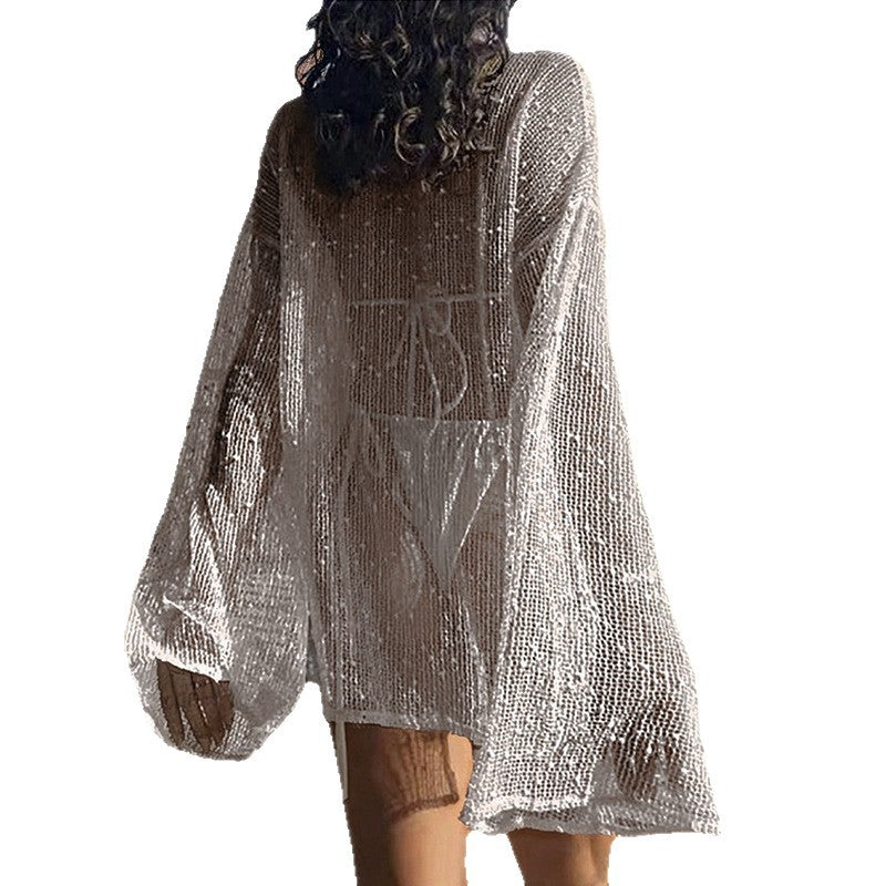 CYB side slit loose pullover knitting see-through beach sun protection bikini blouse