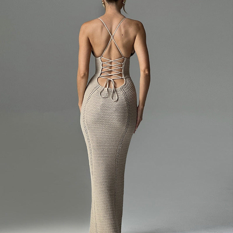 CYB beach skirt V-neck strap hip skirt backless lace up knitted dress