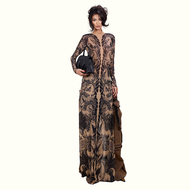 DLS Spring animal print long sleeve half turtleneck slim-fit slimming long top