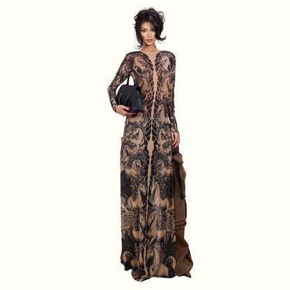 DLS Spring animal print long sleeve half turtleneck slim-fit slimming long top