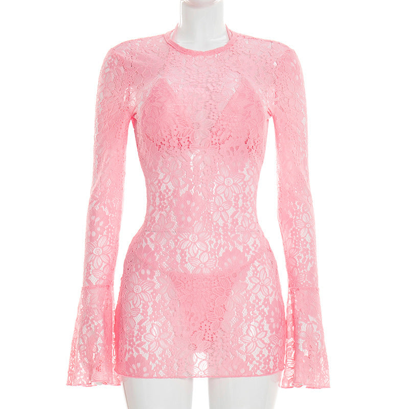 DZHT D26ST036 beach triangle cup swimming trunks lace long sleeve dress three-piece suit