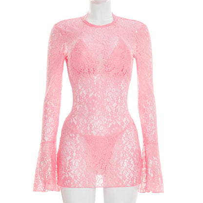 DZHT D26ST036 beach triangle cup swimming trunks lace long sleeve dress three-piece suit