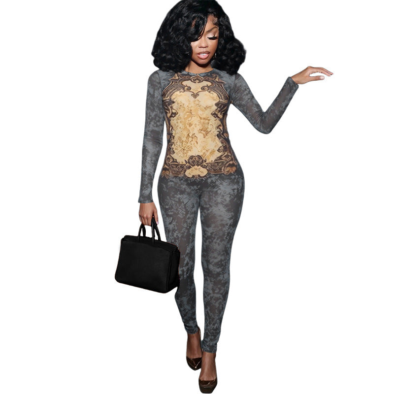 SXR summer printed mesh high waist long-sleeve zipper jumpsuit