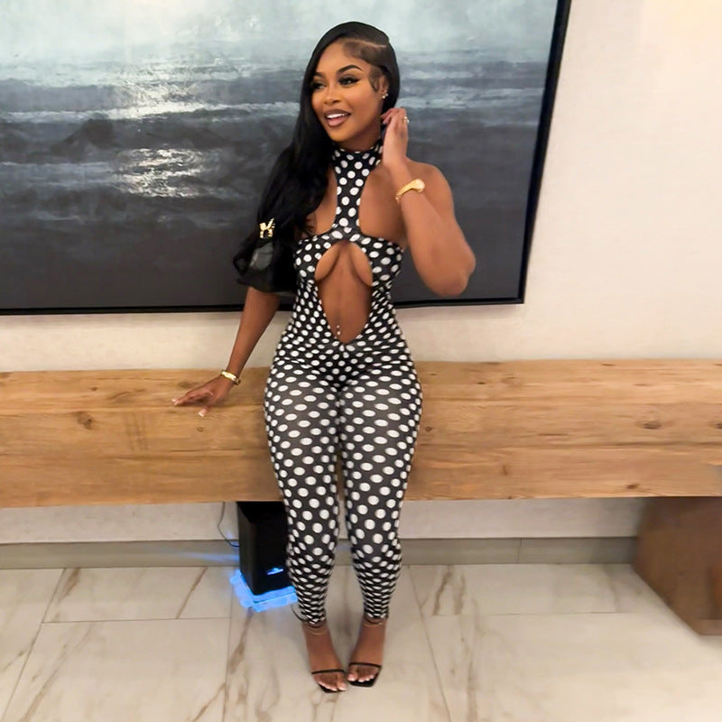 DZHT D26JP107 polka dot print halter cut-out bare back tight one-piece trousers