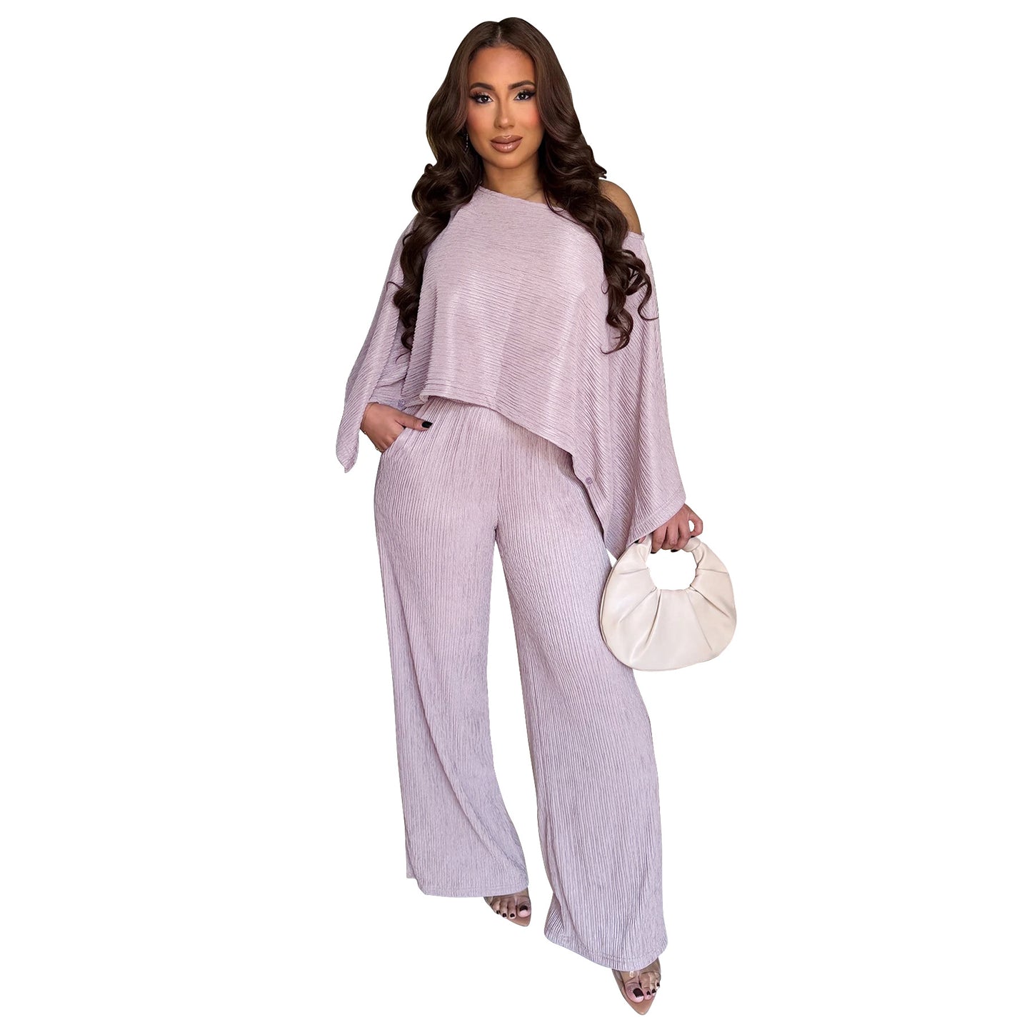 MYF (S-2XL) 10936 pleated oblique shoulder tops trousers casual suit