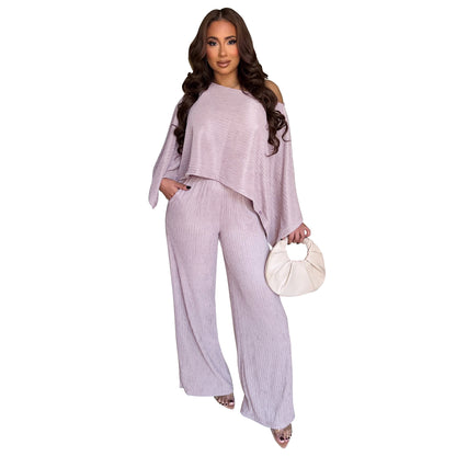 MYF (S-2XL) 10936 pleated oblique shoulder tops trousers casual suit