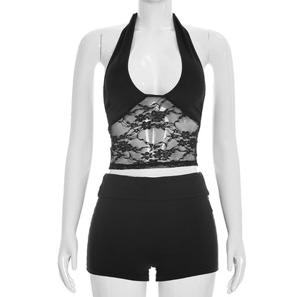 DZHT J26ST192 lace stitching halter strap backless top shorts suit