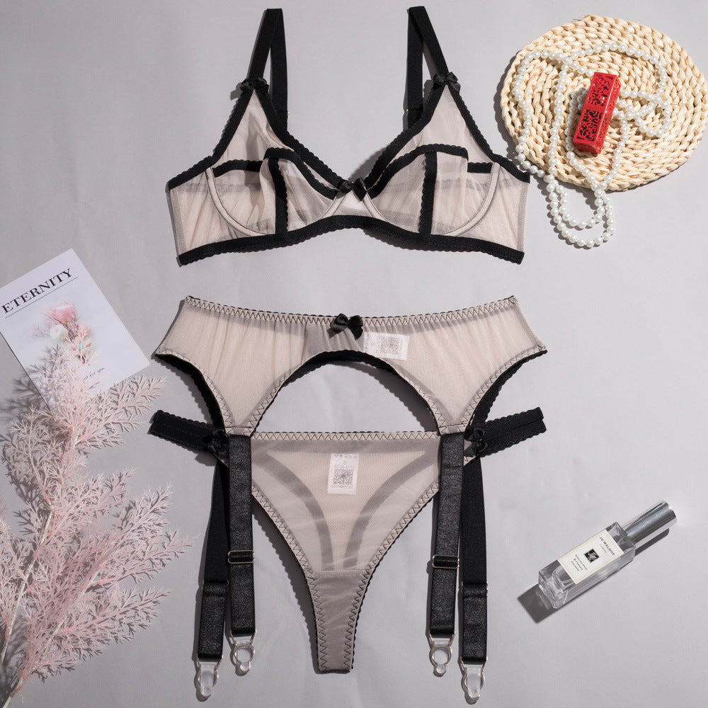 Garter steel ring mesh see-through temptation three-piece sexy lingerie body shaping two-piece suits LS1565
