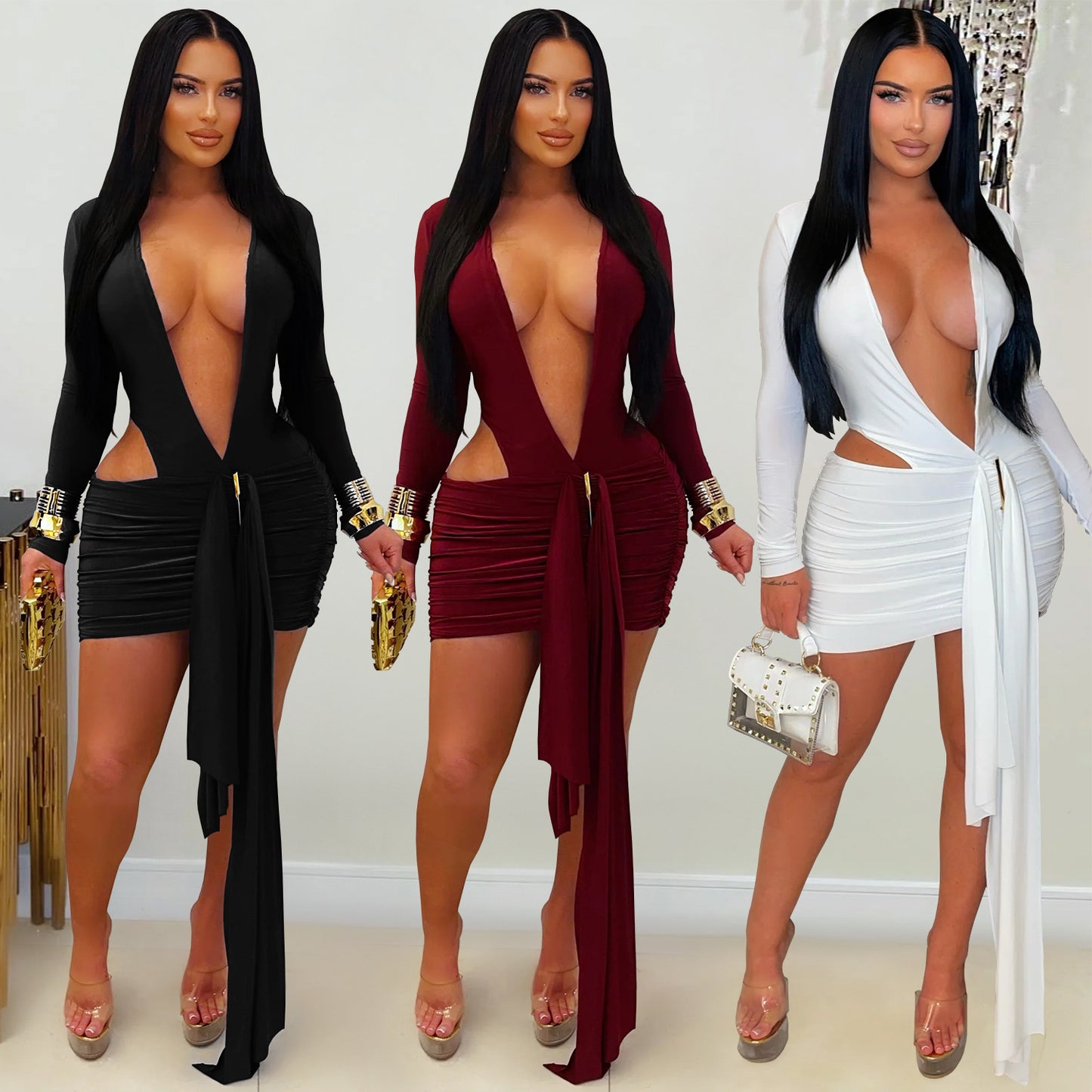 XYZ C7607 deep V ribbon dress skirt