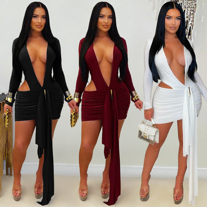 XYZ C7607 deep V ribbon dress skirt
