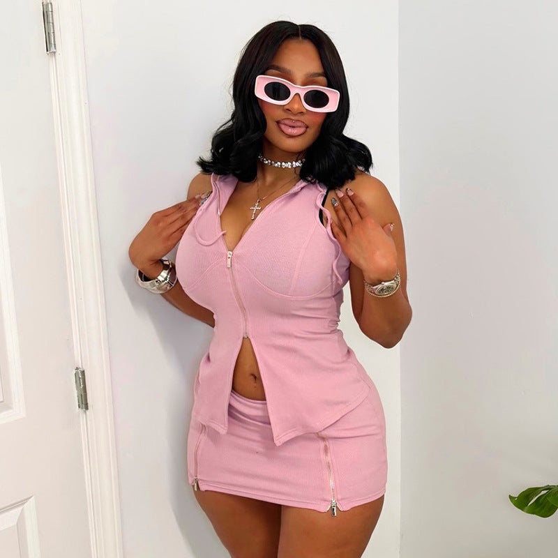 DZHT D26ST137 slim sleeveless hooded sleeveless zip top package hip skirt two-piece suit