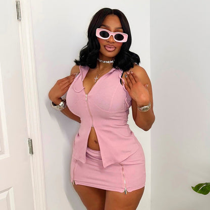 DZHT D26ST137 slim sleeveless hooded sleeveless zip top package hip skirt two-piece suit