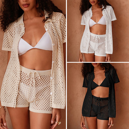 CYB Beach short sleeve cardigan shorts see-through knitted elegant sun protective blouse suit