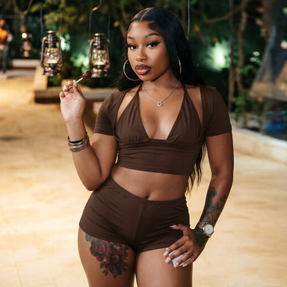 DZHT J26ST312 low collar short sleeve halter lace-up suspender tight shorts three-piece suit