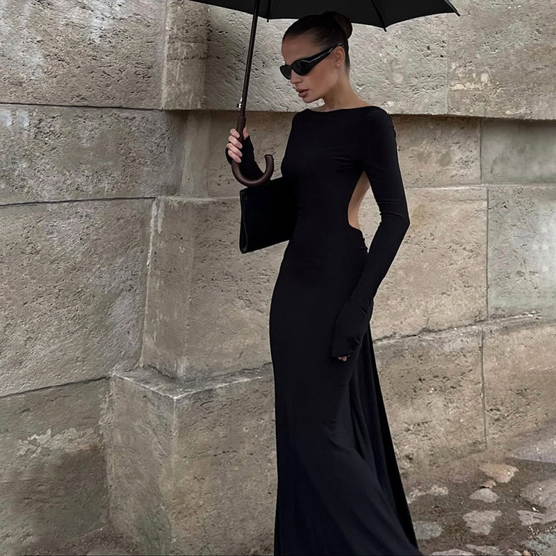 SXR fall winter fashion backless chain decoration long sleeve dress