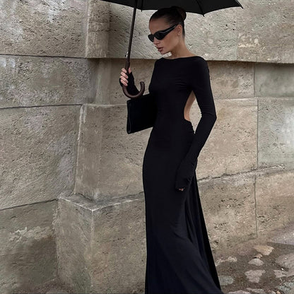 SXR fall winter fashion backless chain decoration long sleeve dress