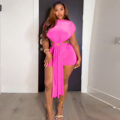 DZHT Q26DS039 summer solid color hollow out stitching hip skirt