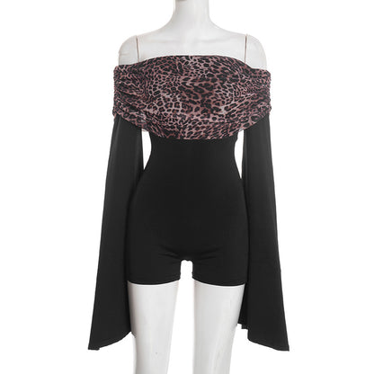 DZHT J25RP468 long sleeve off-shoulder leopard print off-shoulder shorts jumpsuit