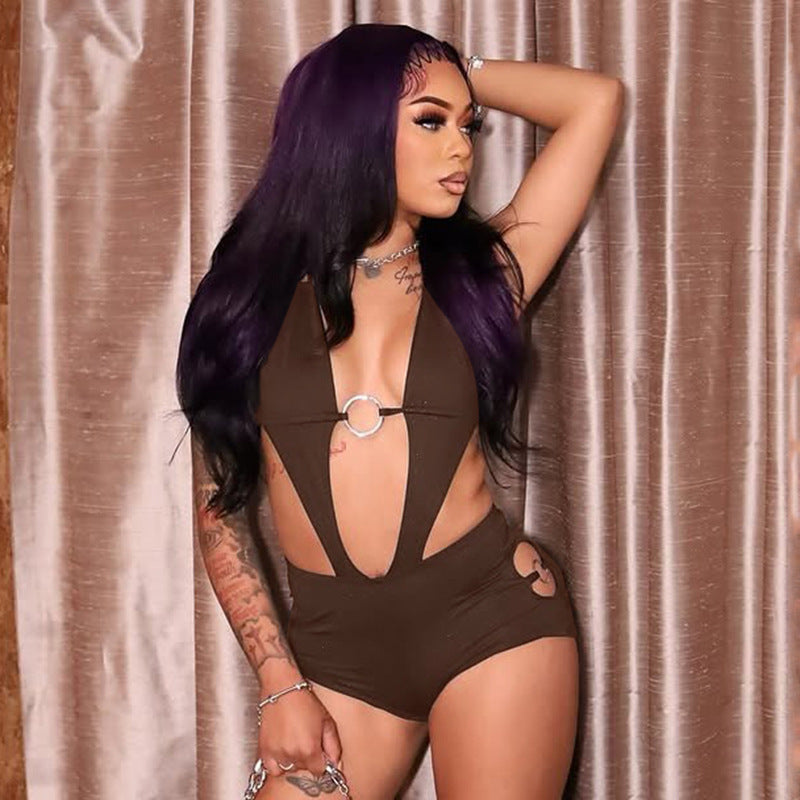 DZHT D26RP003 spring ring hollow-out halter bare back one-piece shorts