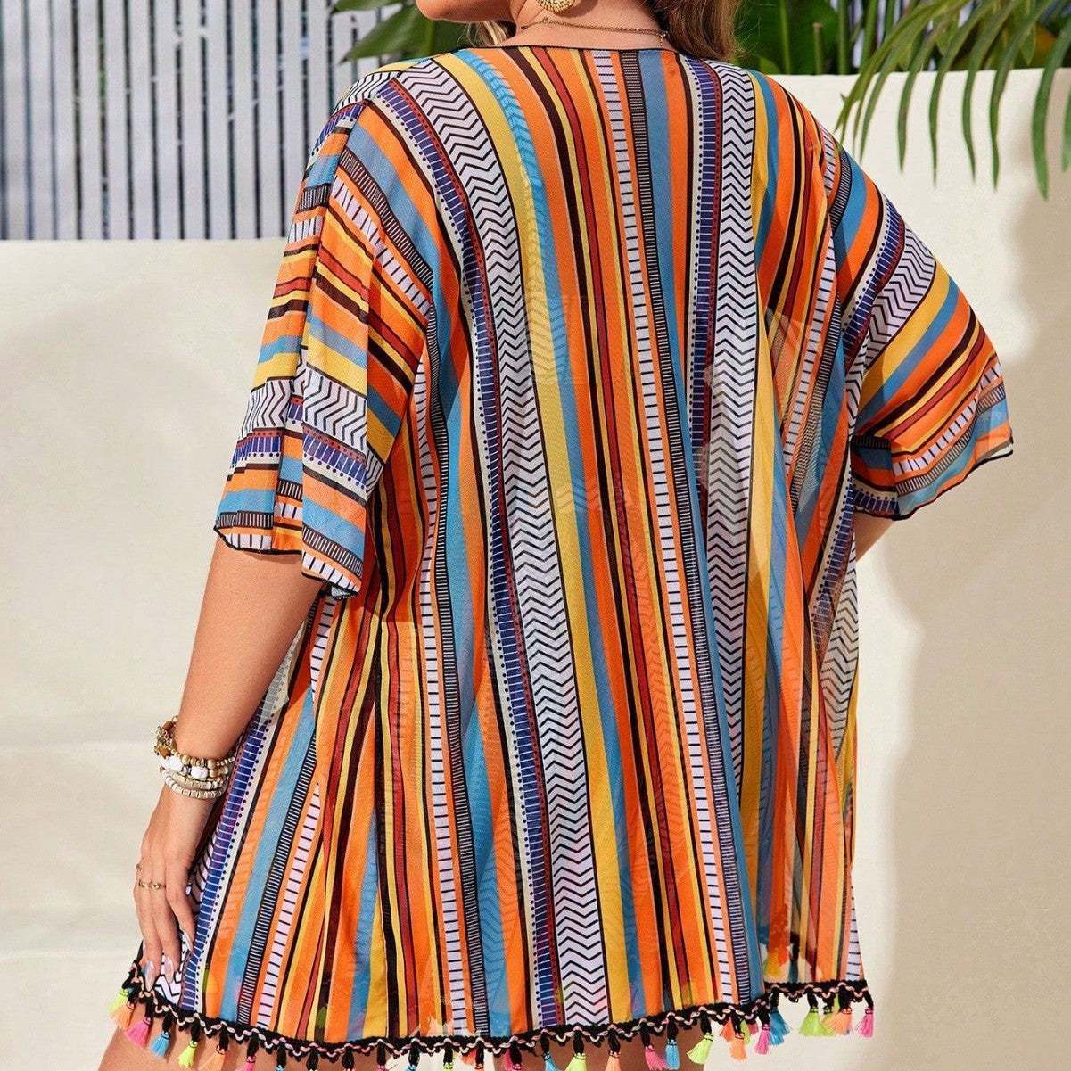 CL (L-4XL) women's plus size swimsuit striped tassel split bikini split four-piece set beach cover-up