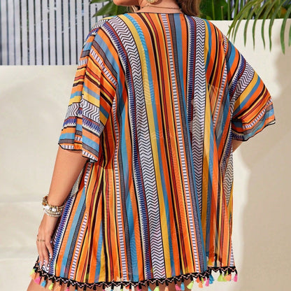 CL (L-4XL) women's plus size swimsuit striped tassel split bikini split four-piece set beach cover-up