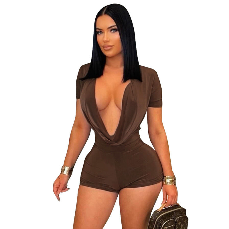 DZHT D25RP581 deep V swing collar short sleeve tight one-piece shorts