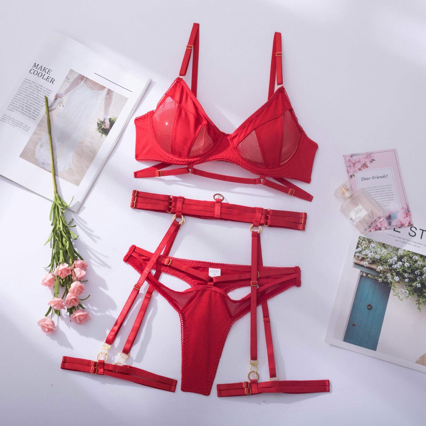 Underwear complex heavy mesh comfortable four-piece set with steel ring LS1402