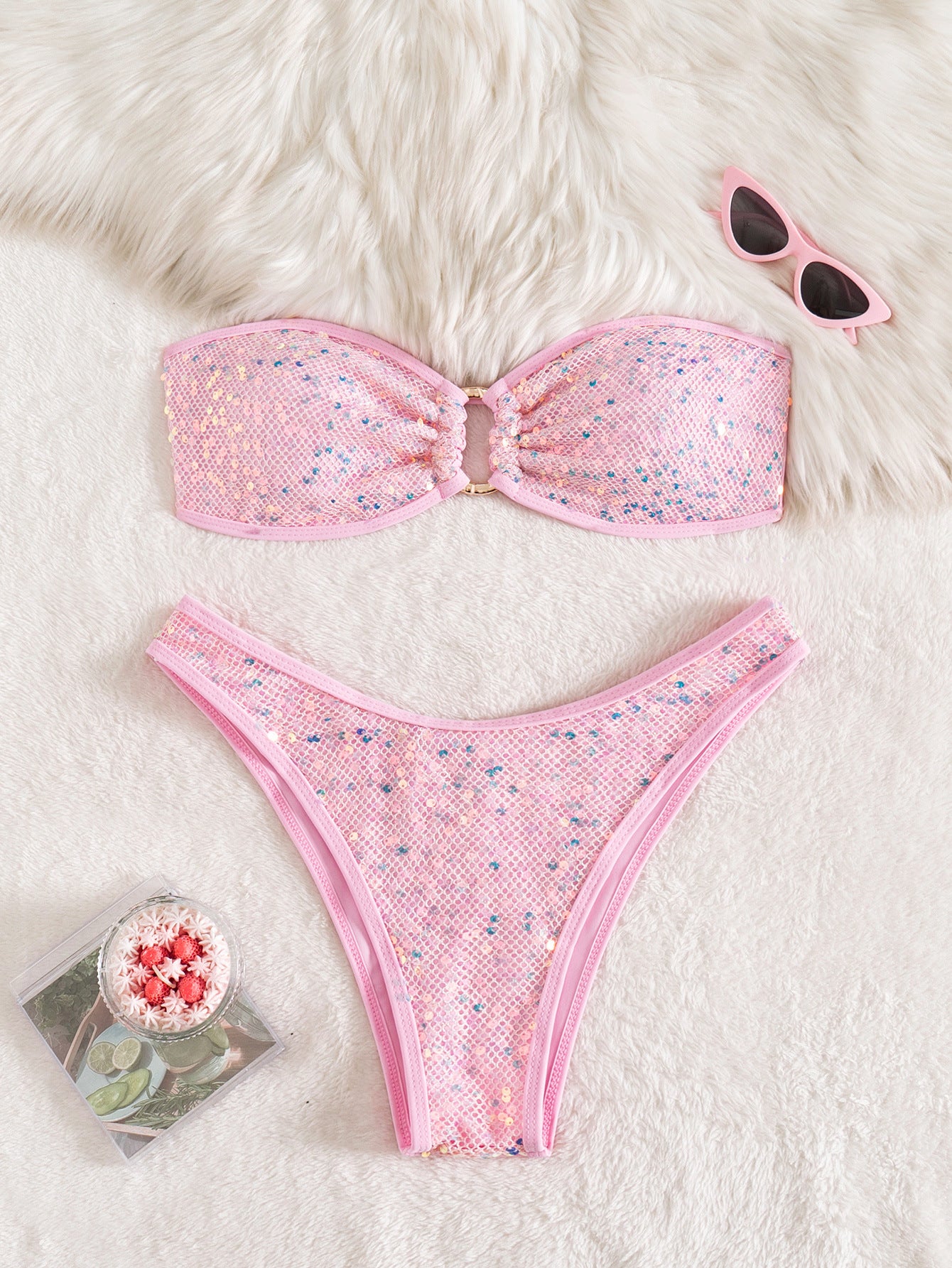 Split sequins pure color tube-top banded bikini