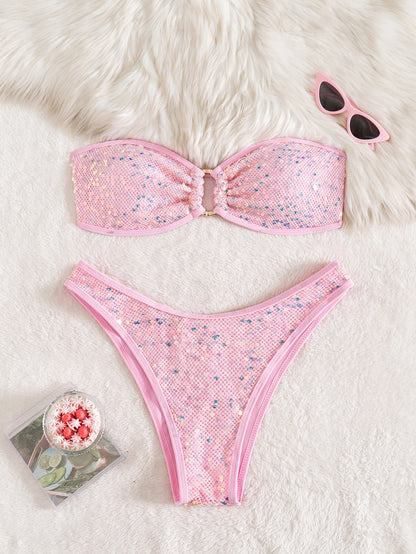 Split sequins pure color tube-top banded bikini