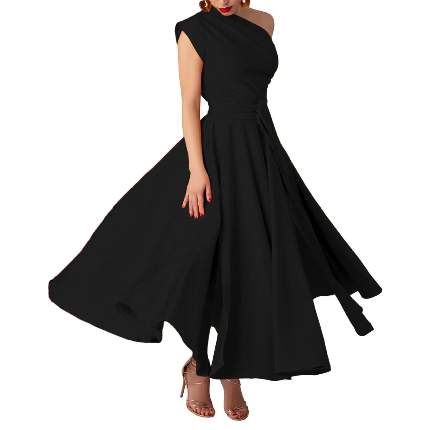 MYF (S-2XL) summer sleeveless diagonal collar waist-controlled large hem dress