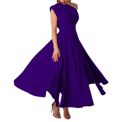 MYF (S-2XL) summer sleeveless diagonal collar waist-controlled large hem dress