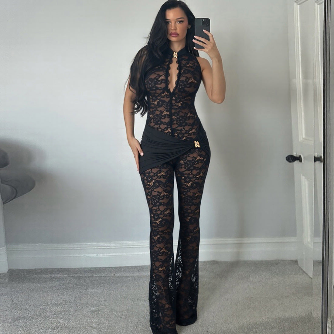 SXR autumn and winter lace stitching sleeveless high waist micro-pull jumpsuit