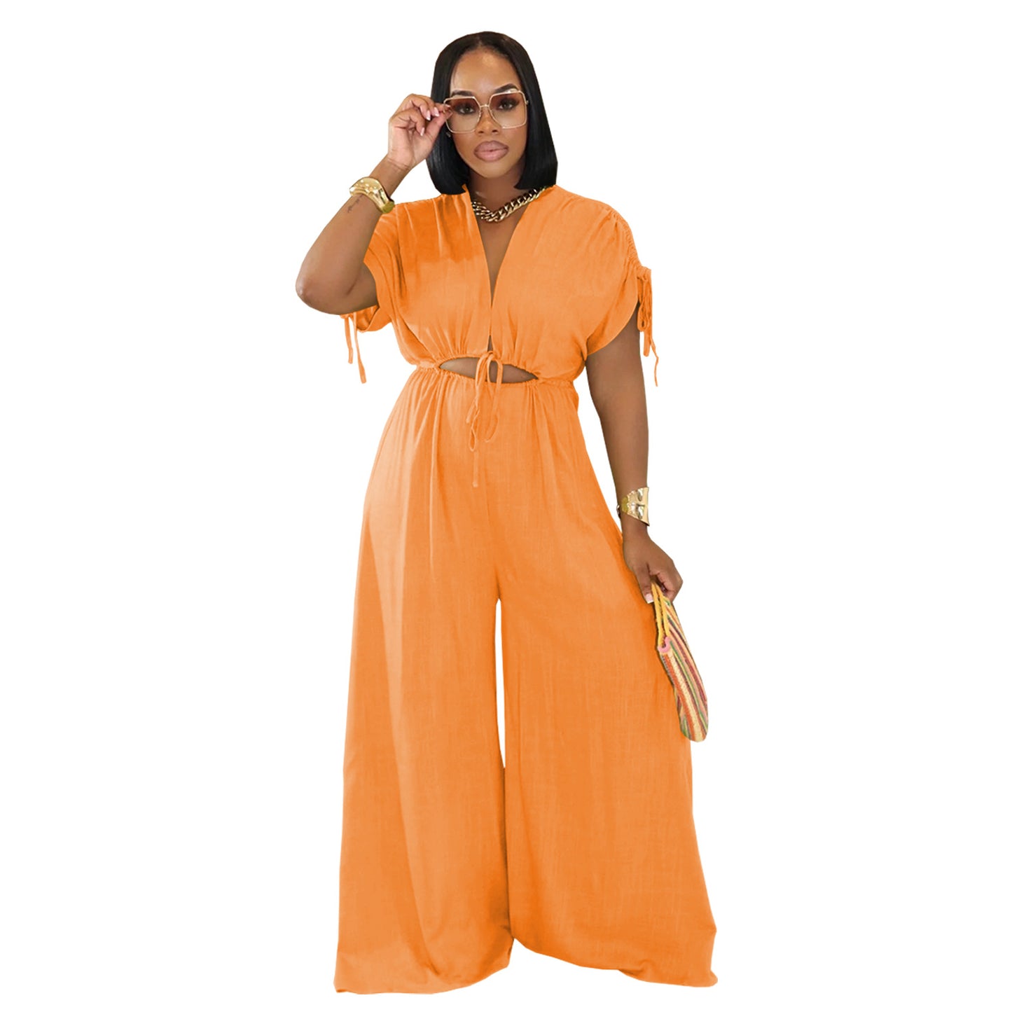 XYZ C7388 casual V-neck lace-up wide-leg jumpsuit