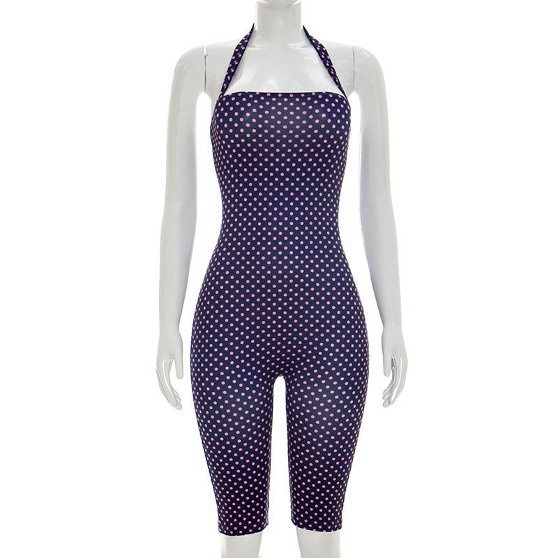 DZHT J26JP132 spring/summer fashion polka dot sleeveless halter slim cropped jumpsuit