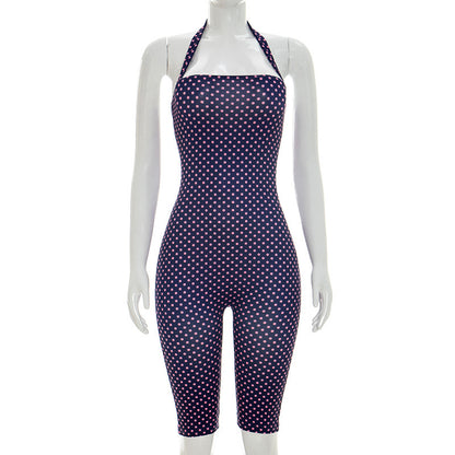 DZHT J26JP132 spring/summer fashion polka dot sleeveless halter slim cropped jumpsuit